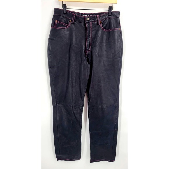 Hudson 12 Lamb Leather Pink Stitching Straight Leg Pants Baggy High Rise - Picture 1 of 16